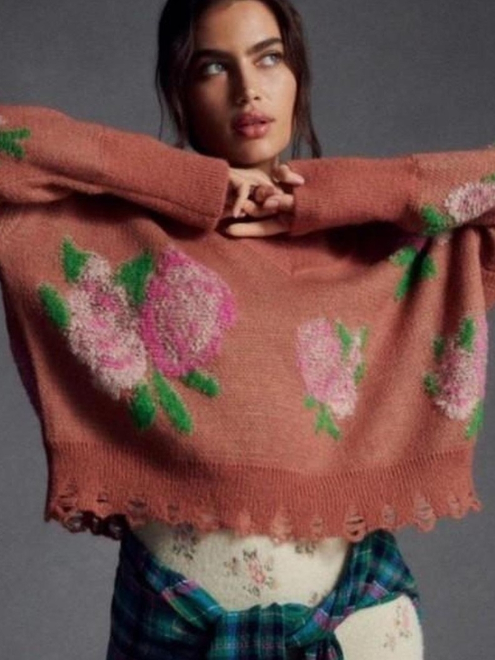 Anthropologie Orange Pink Rose Floral Distressed Slouchy V-Neck Sweater
